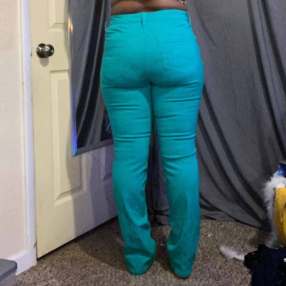 green/tealish straight leg jeans
